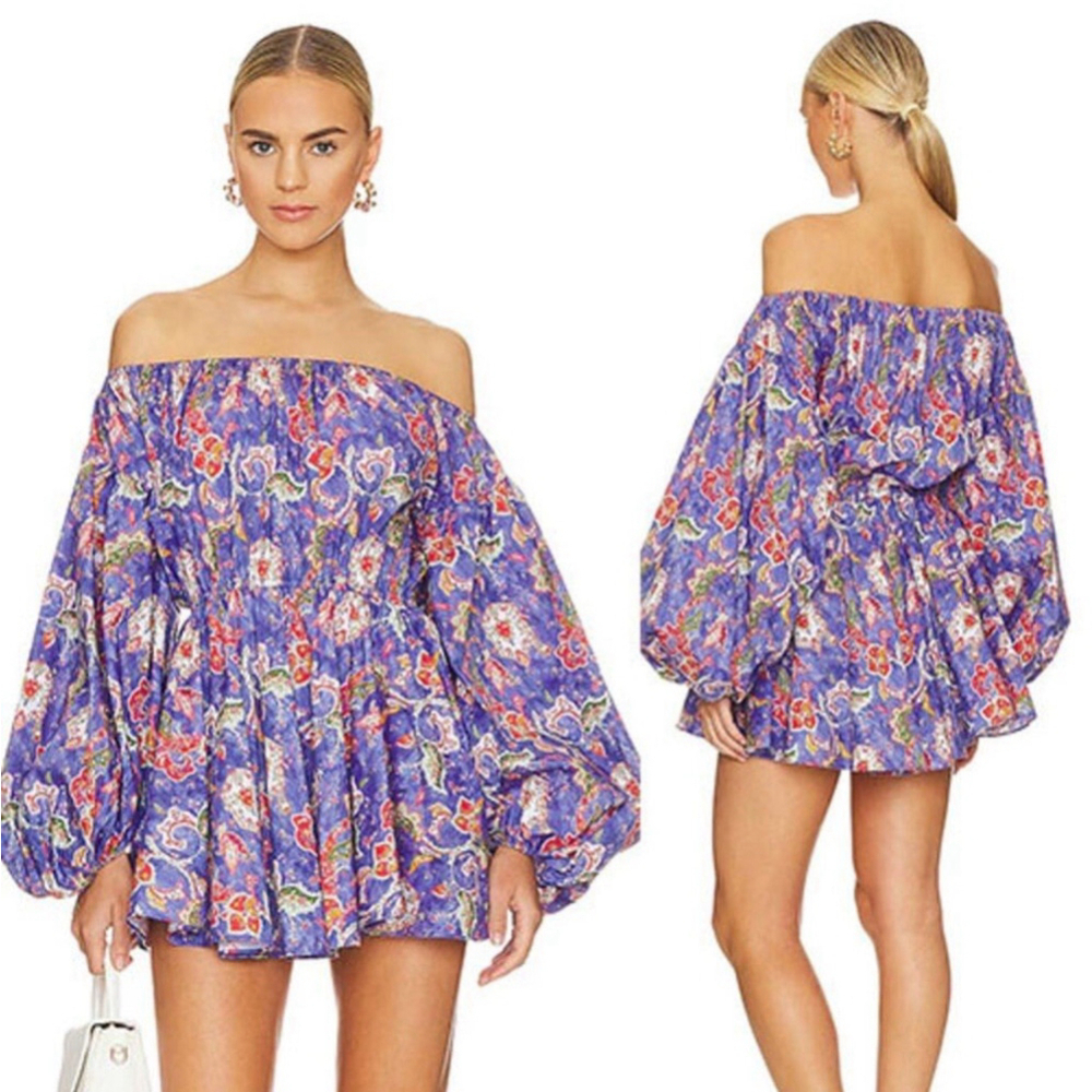 NEW Caroline Constas Charli Enchanted Paisley Off-Shoulder Mini Dress Blue MED